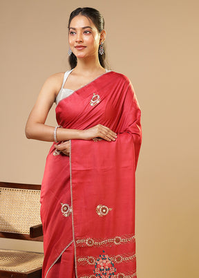 Red Handloom Tussar Pure Silk Saree With Blouse Piece