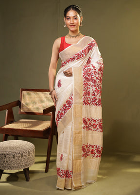Cream Handloom Tussar Pure Silk Saree With Blouse Piece