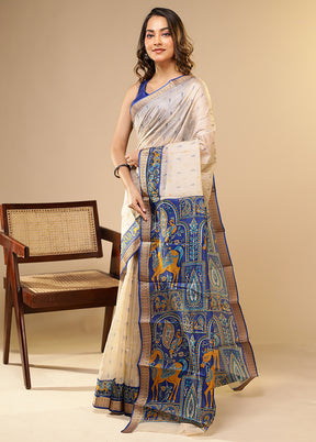 Cream Printed Pure Silk Saree Without Blouse Piece