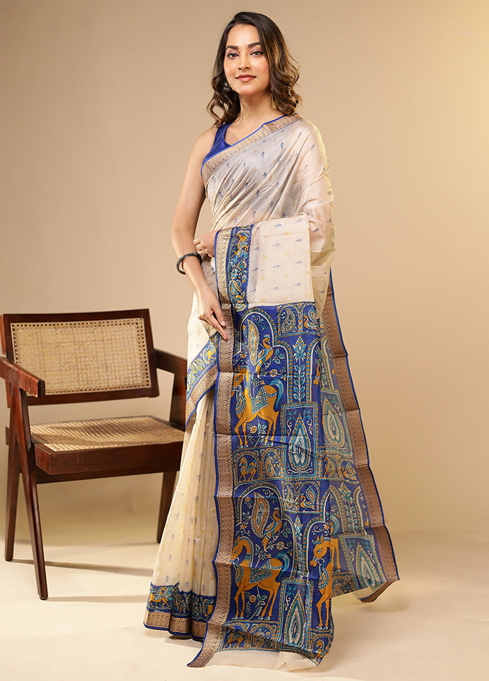 Cream Printed Pure Silk Saree Without Blouse Piece