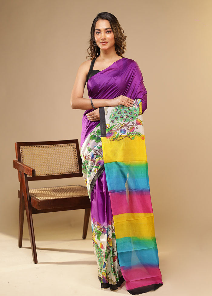 Purple Printed Pure Silk Saree Without Blouse Piece