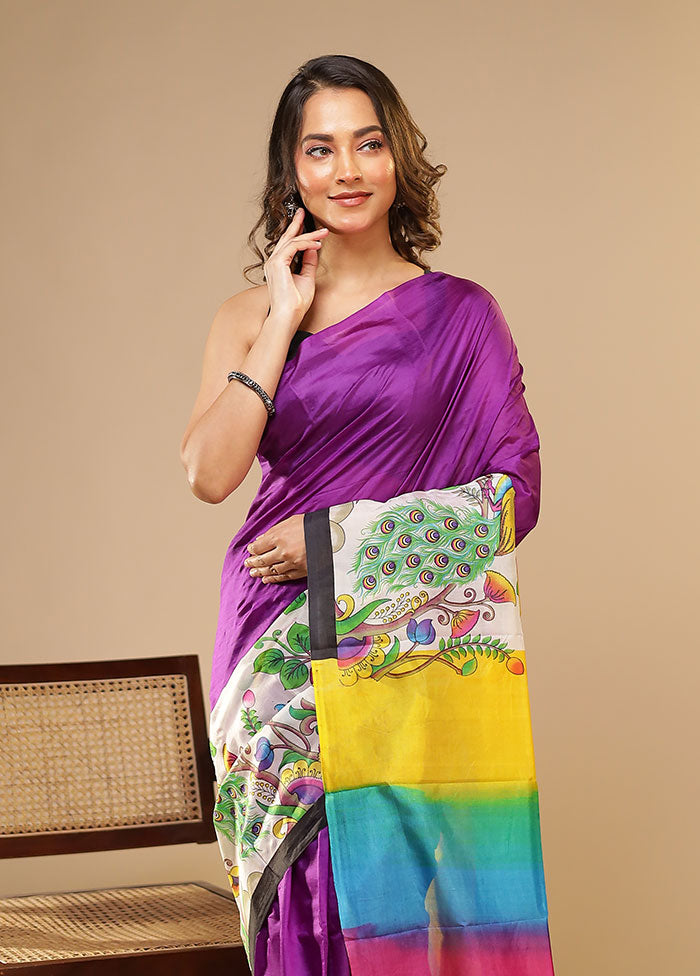 Purple Printed Pure Silk Saree Without Blouse Piece