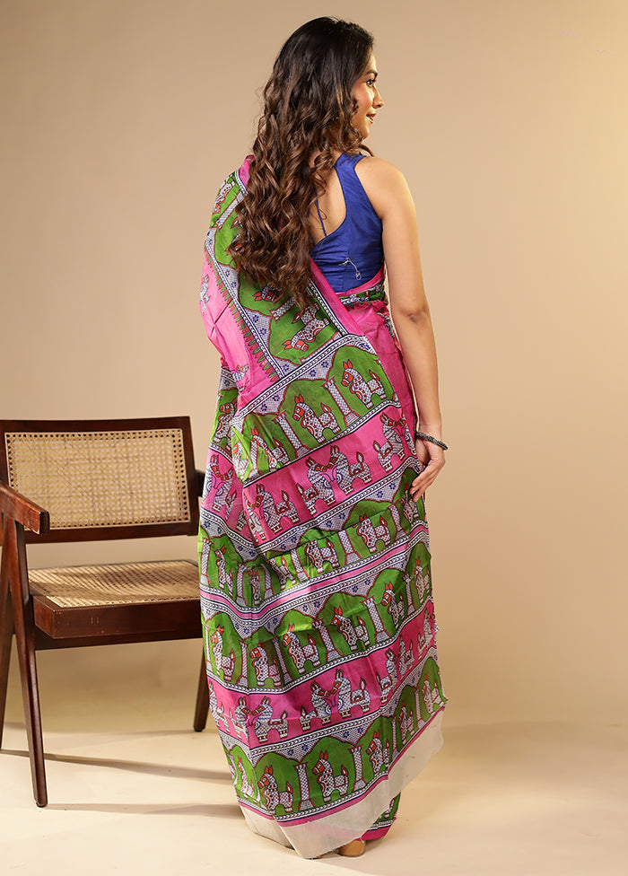 Pink Printed Pure Silk Saree Without Blouse Piece