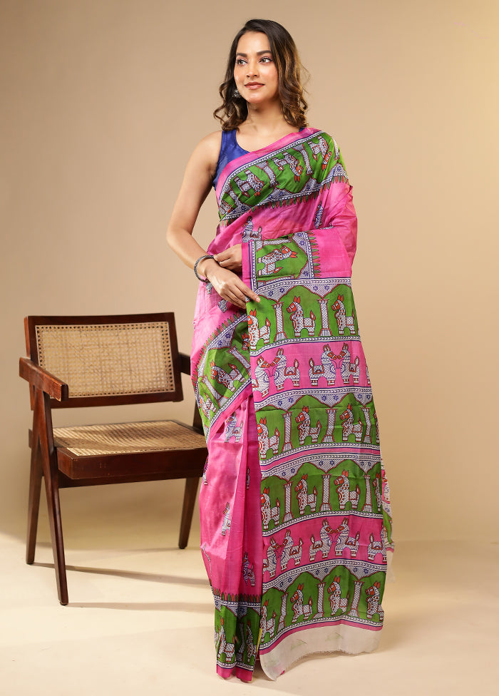Pink Printed Pure Silk Saree Without Blouse Piece