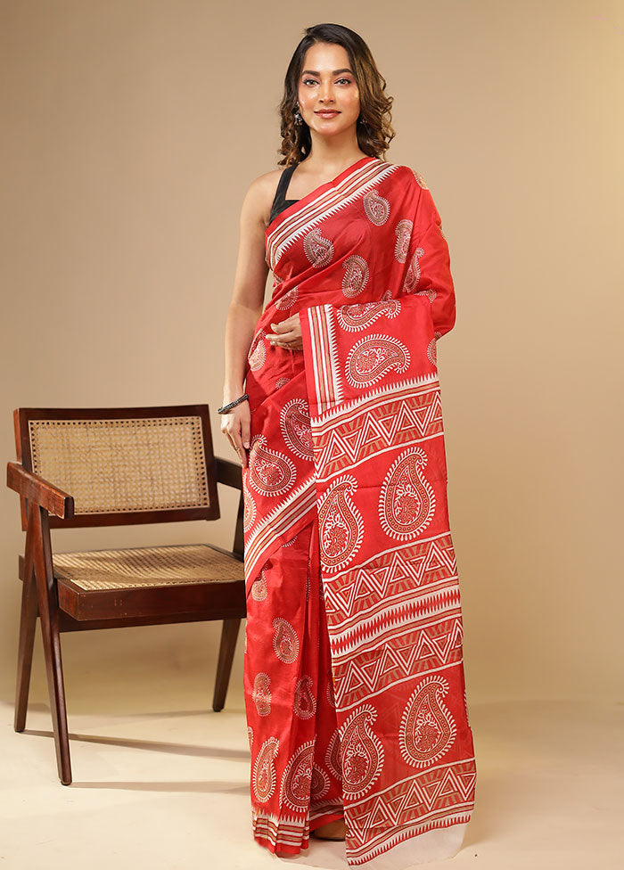 Red Printed Pure Silk Saree Without Blouse Piece