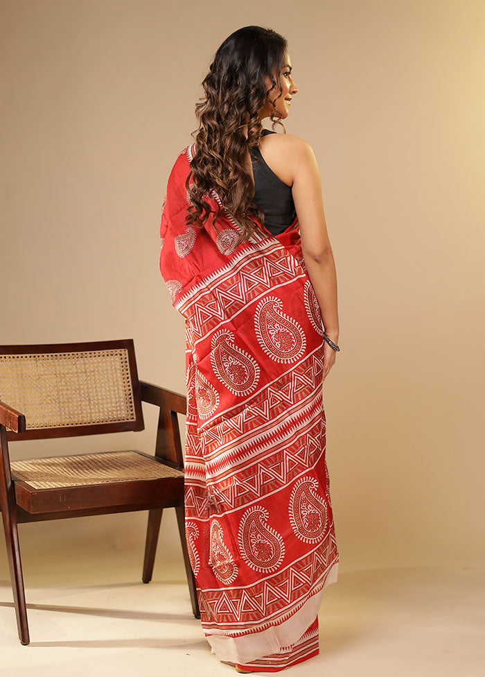Red Printed Pure Silk Saree Without Blouse Piece
