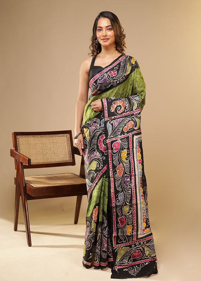 Green Printed Pure Silk Saree Without Blouse Piece