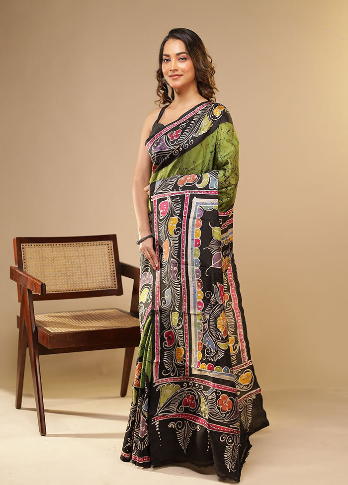 Green Printed Pure Silk Saree Without Blouse Piece