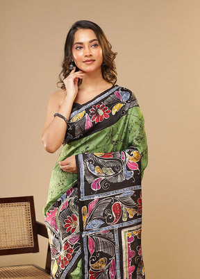 Green Printed Pure Silk Saree Without Blouse Piece