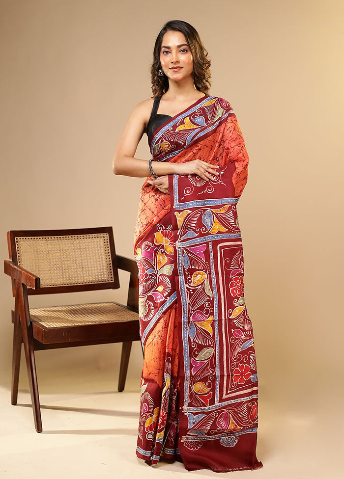 Orange Printed Pure Silk Saree Without Blouse Piece