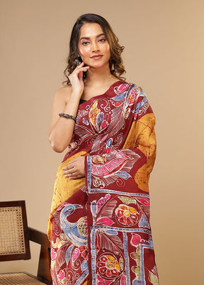 Yellow Printed Pure Silk Saree Without Blouse Piece