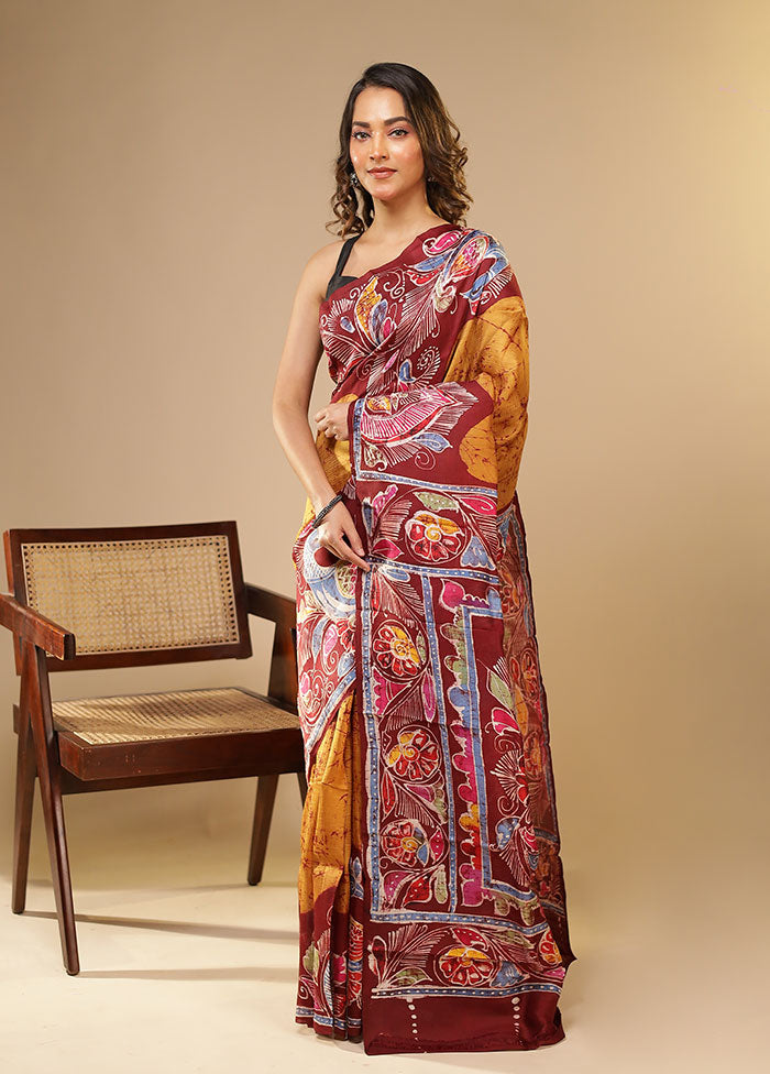 Yellow Printed Pure Silk Saree Without Blouse Piece
