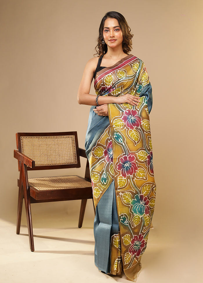 Blue Printed Pure Silk Saree Without Blouse Piece