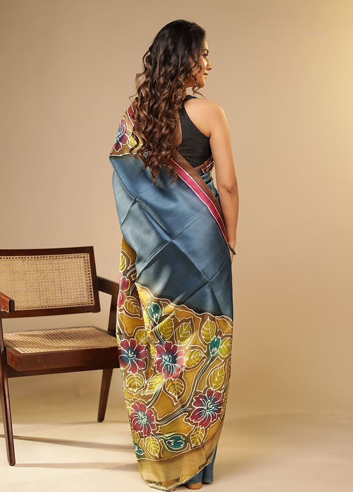 Blue Printed Pure Silk Saree Without Blouse Piece