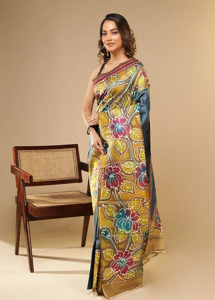 Blue Printed Pure Silk Saree Without Blouse Piece