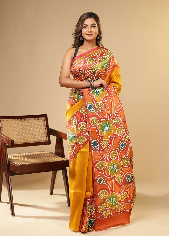 Yellow Printed Pure Silk Saree Without Blouse Piece