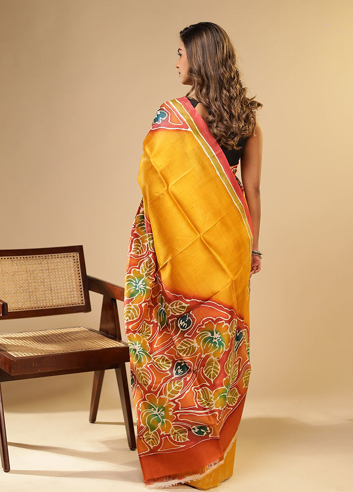 Yellow Printed Pure Silk Saree Without Blouse Piece