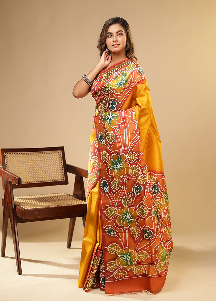 Yellow Printed Pure Silk Saree Without Blouse Piece