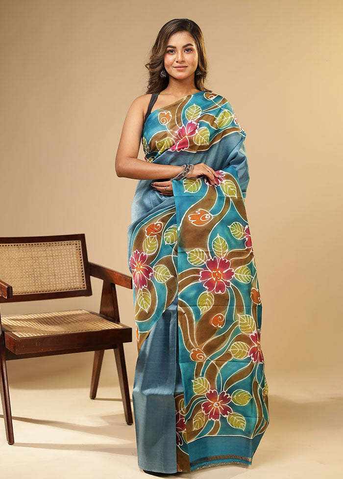 Blue Printed Pure Silk Saree Without Blouse Piece