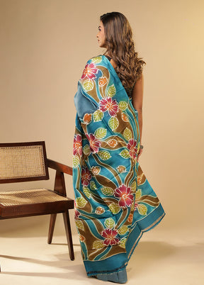 Blue Printed Pure Silk Saree Without Blouse Piece