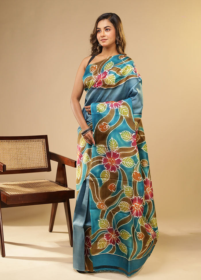 Blue Printed Pure Silk Saree Without Blouse Piece