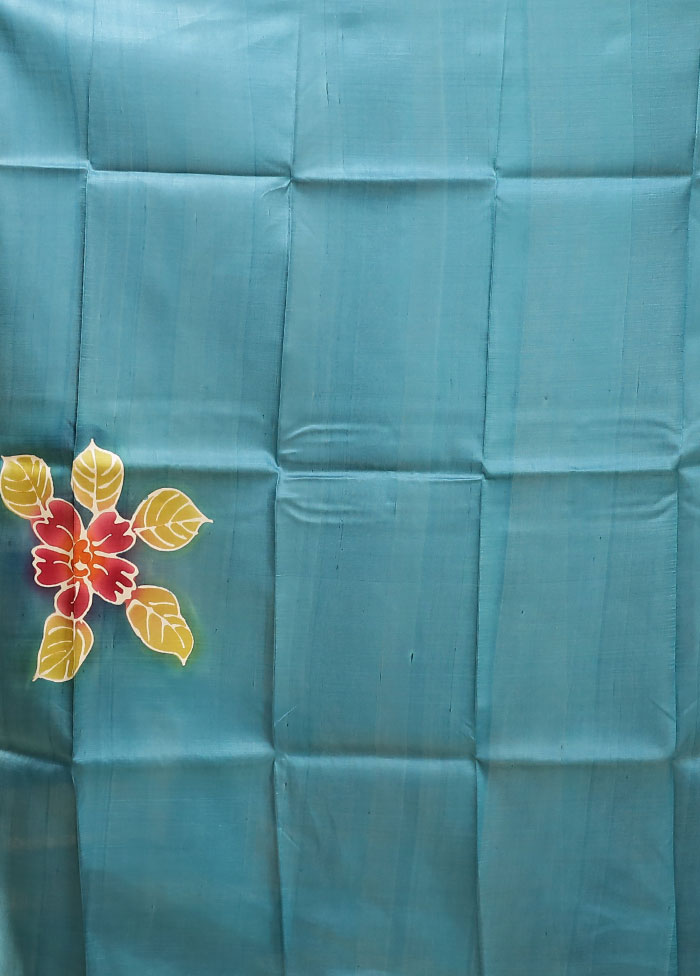 Blue Printed Pure Silk Saree Without Blouse Piece