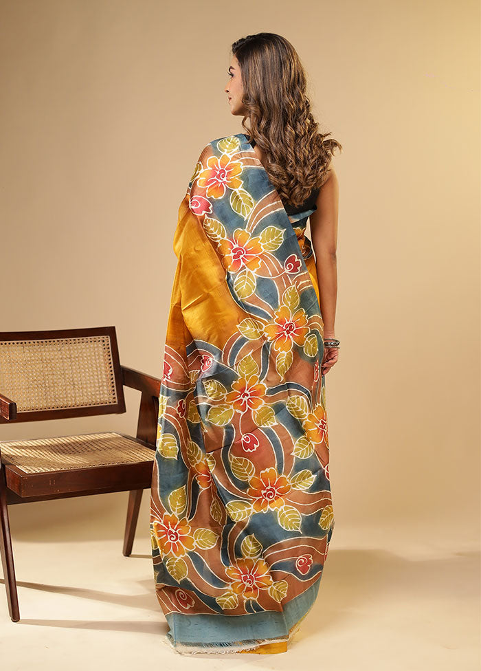 Yellow Printed Pure Silk Saree Without Blouse Piece