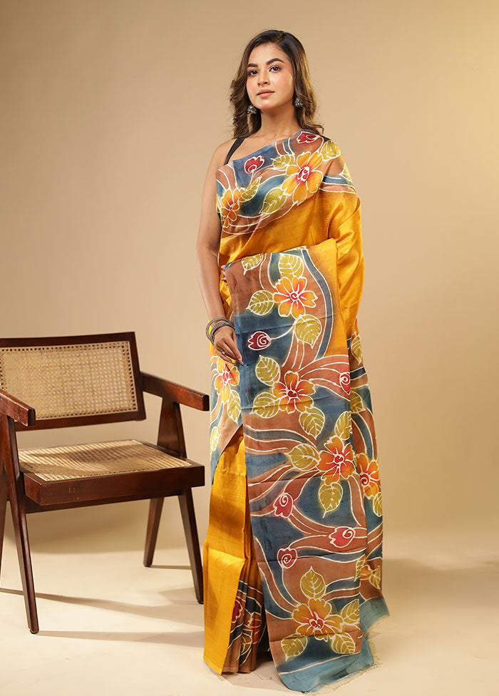 Yellow Printed Pure Silk Saree Without Blouse Piece
