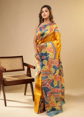 Yellow Printed Pure Silk Saree Without Blouse Piece