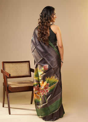 Black Printed Pure Silk Saree Without Blouse Piece