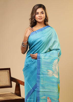 Blue Printed Pure Silk Saree Without Blouse Piece