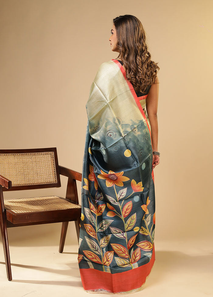 Blue Printed Pure Silk Saree Without Blouse Piece