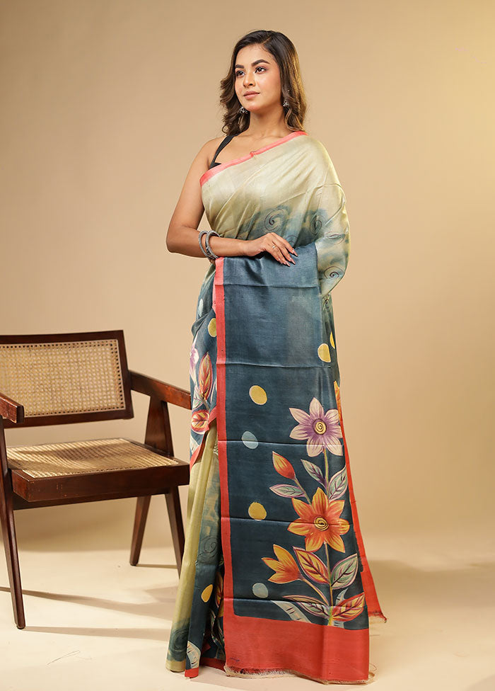 Blue Printed Pure Silk Saree Without Blouse Piece