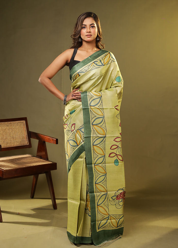 Green Printed Pure Silk Saree Without Blouse Piece