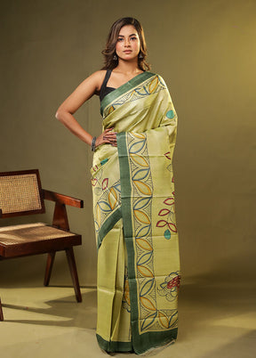 Green Printed Pure Silk Saree Without Blouse Piece