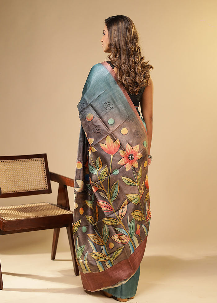 Grey Printed Pure Silk Saree Without Blouse Piece