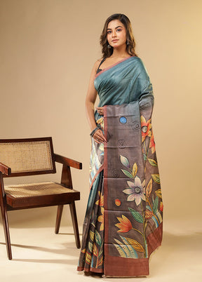 Grey Printed Pure Silk Saree Without Blouse Piece