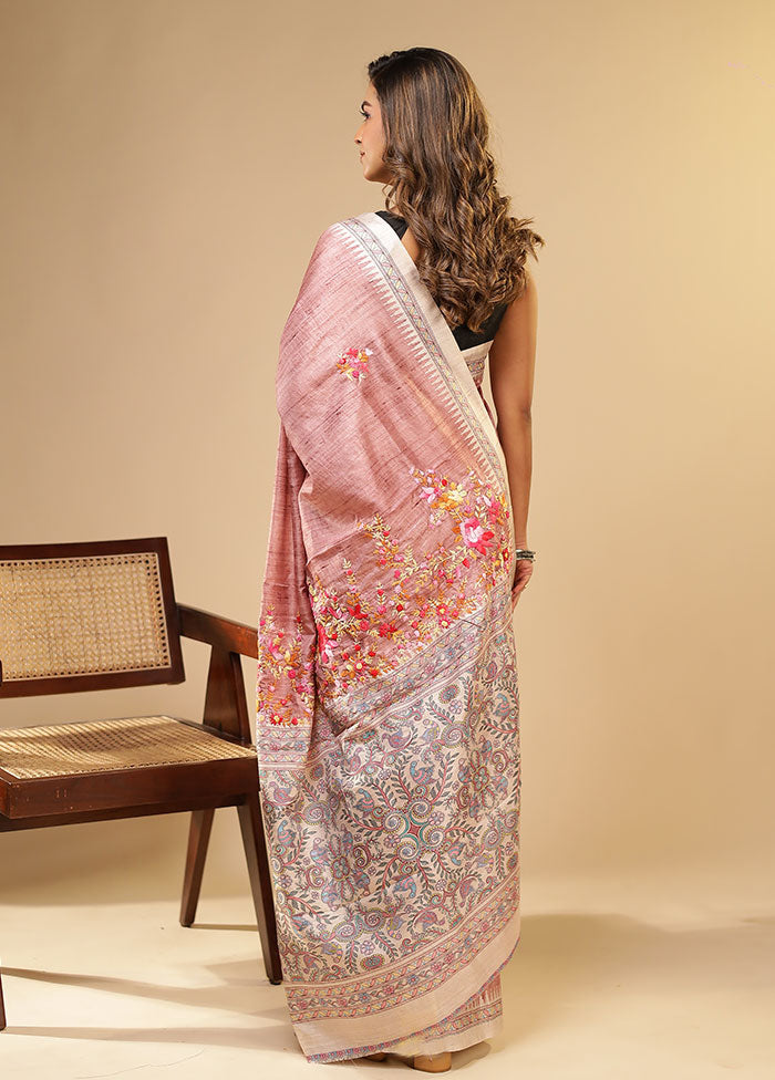 Pink Tussar Silk Saree With Blouse Piece