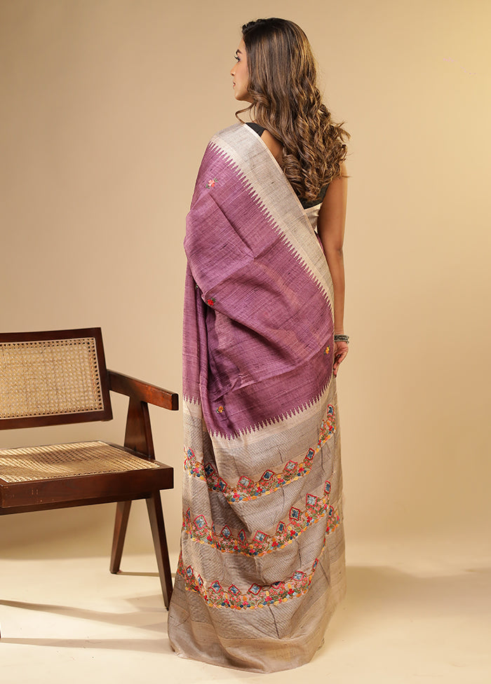 Purple Tussar Silk Saree With Blouse Piece