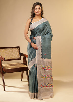 Green Tussar Silk Saree With Blouse Piece