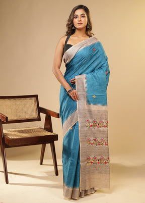 Blue Tussar Silk Saree With Blouse Piece