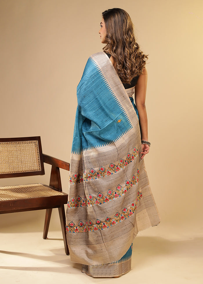 Blue Tussar Silk Saree With Blouse Piece