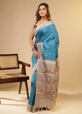 Blue Tussar Silk Saree With Blouse Piece