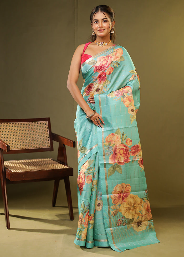 Green Handloom Tussar Pure Silk Saree With Blouse Piece