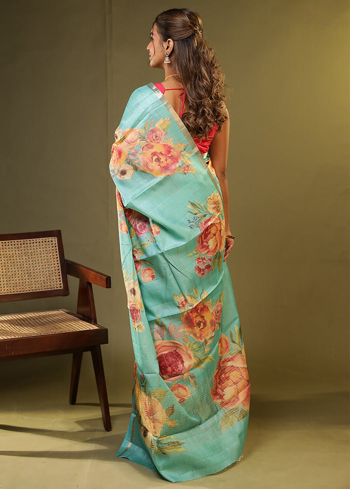 Green Handloom Tussar Pure Silk Saree With Blouse Piece