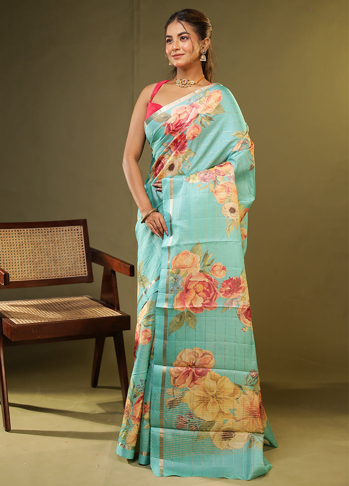 Green Handloom Tussar Pure Silk Saree With Blouse Piece
