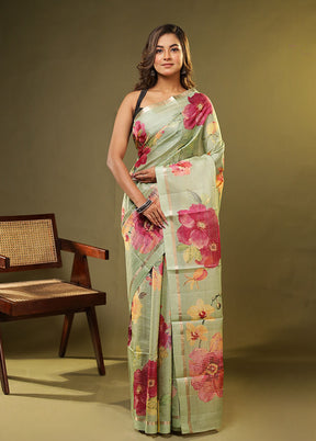 Green Handloom Tussar Pure Silk Saree With Blouse Piece