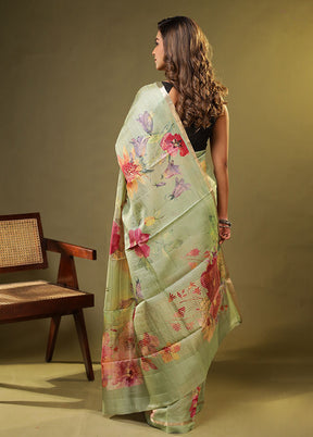 Green Handloom Tussar Pure Silk Saree With Blouse Piece