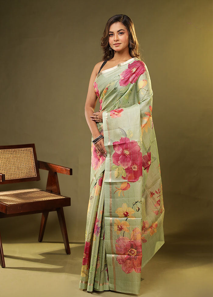 Green Handloom Tussar Pure Silk Saree With Blouse Piece