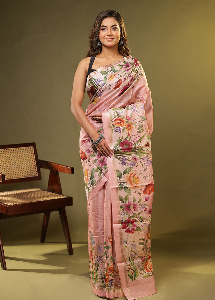 Pink Handloom Tussar Pure Silk Saree With Blouse Piece